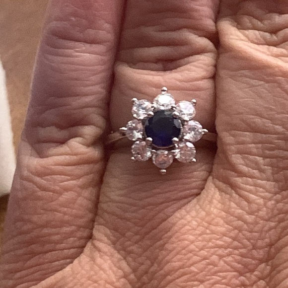 Brilliant Lab Created Sapphire & White Topaz Halo Dinner Ring Sterling Size 8 - Picture 11 of 11